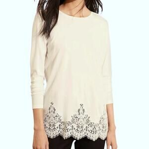 NEW Lauren Ralph Lauren Lace Hem Top 2X Long Sleeve T Shirt Tunic Blouse Cream